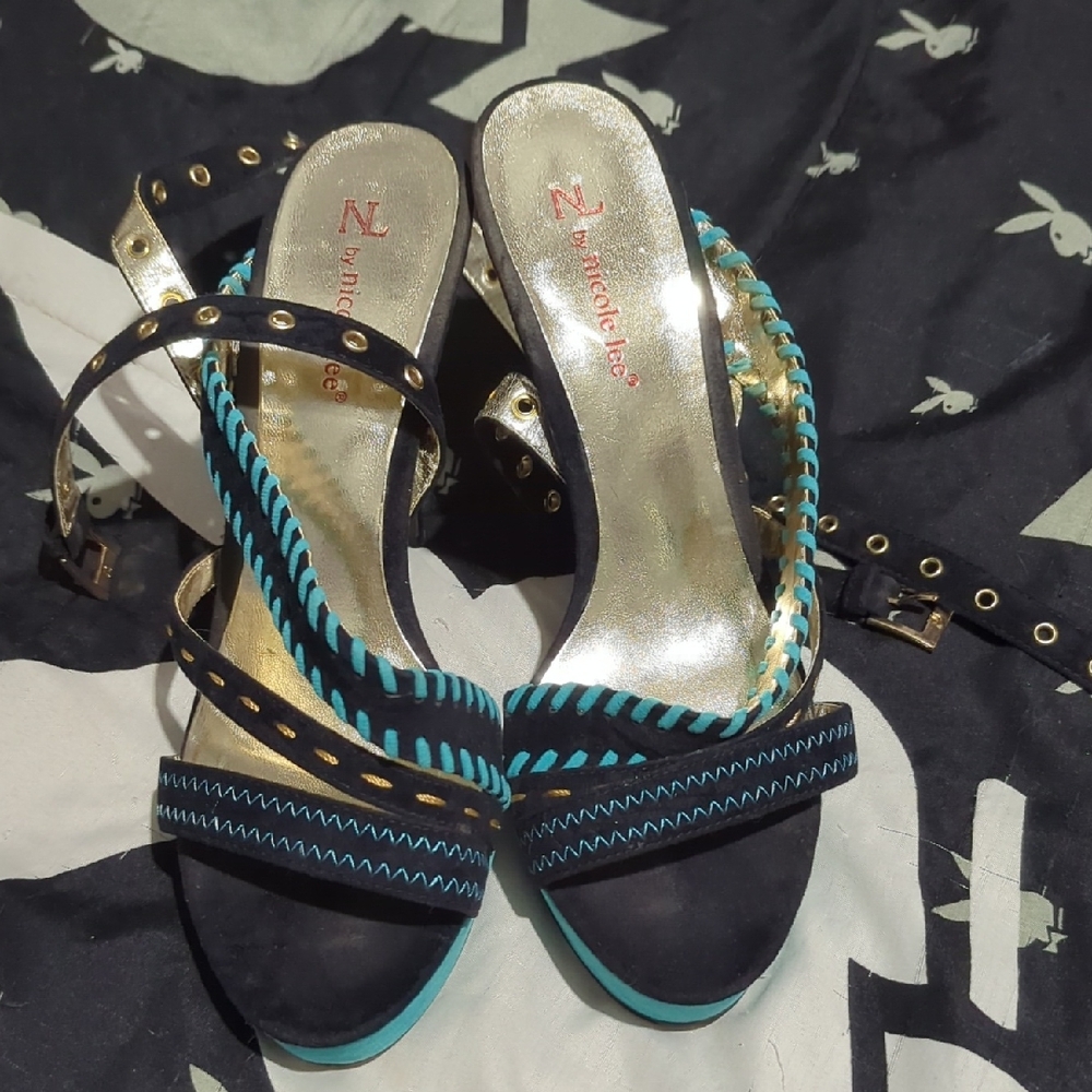 Nicole Lee Black and Turquoise Heels with Gold Accents
